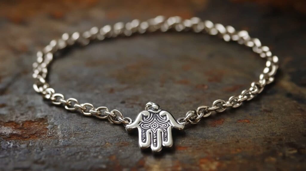 Silver Hamsa Hand bracelet with a detailed chain design, symbolizing protection and good luck.