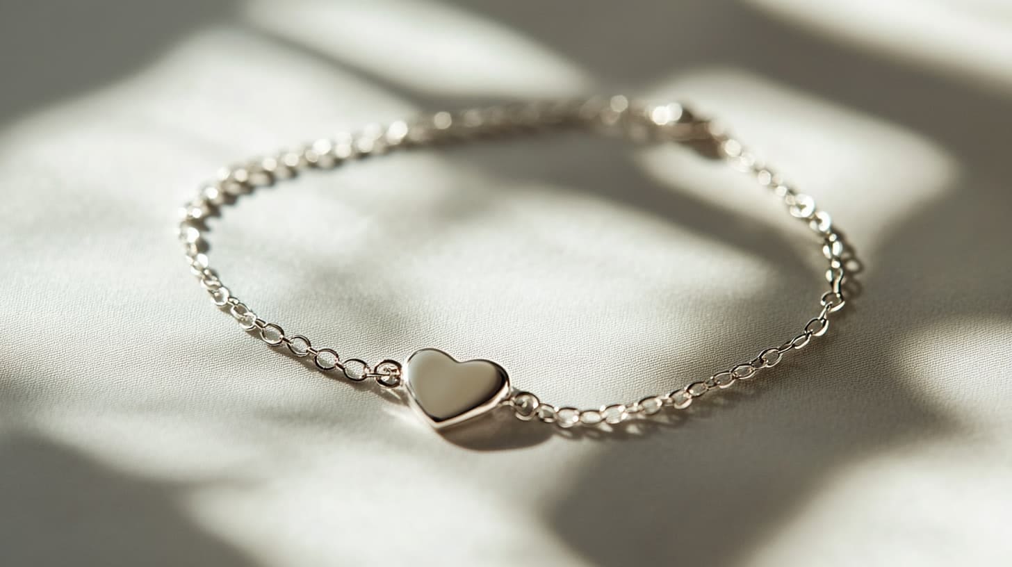Silver chain bracelet with a small polished heart charm in sunlight