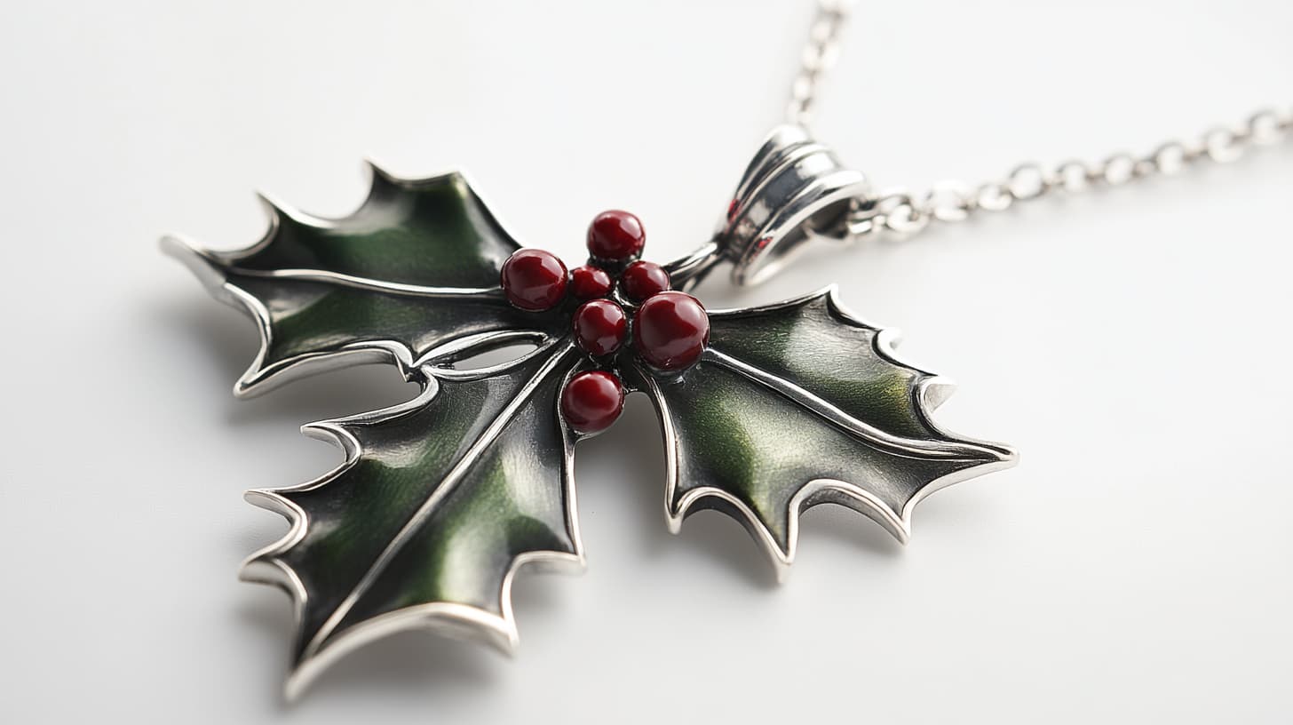 Silver holly leaf pendant with green enamel and red berry accents