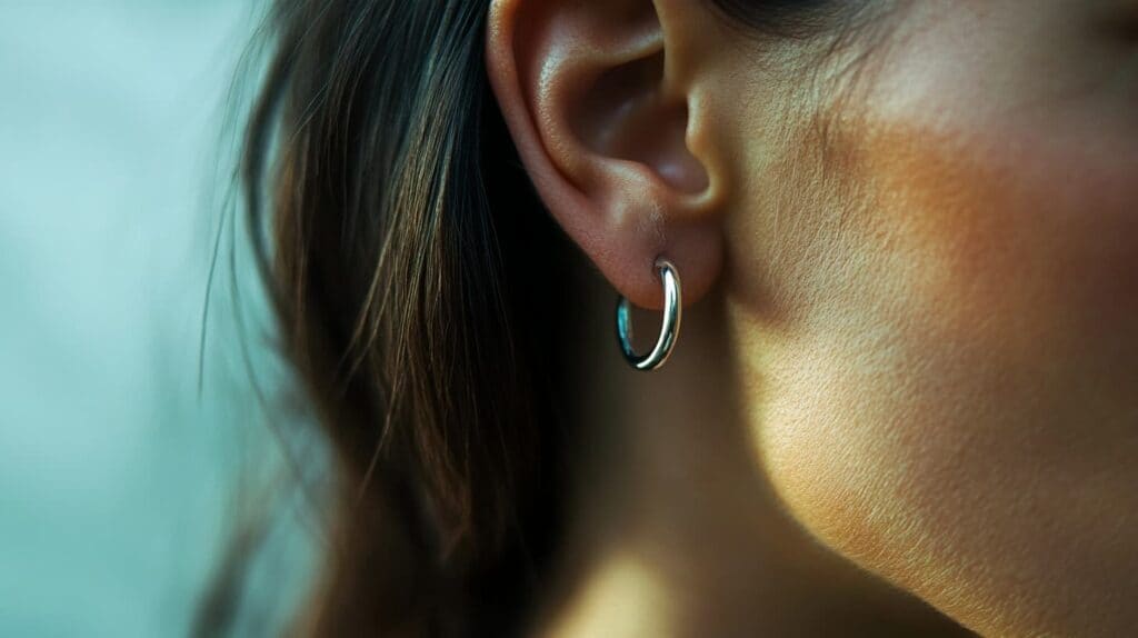 Close-up of a silver hoop earring symbolizing the cycles of life and continuous growth in jewelry design.