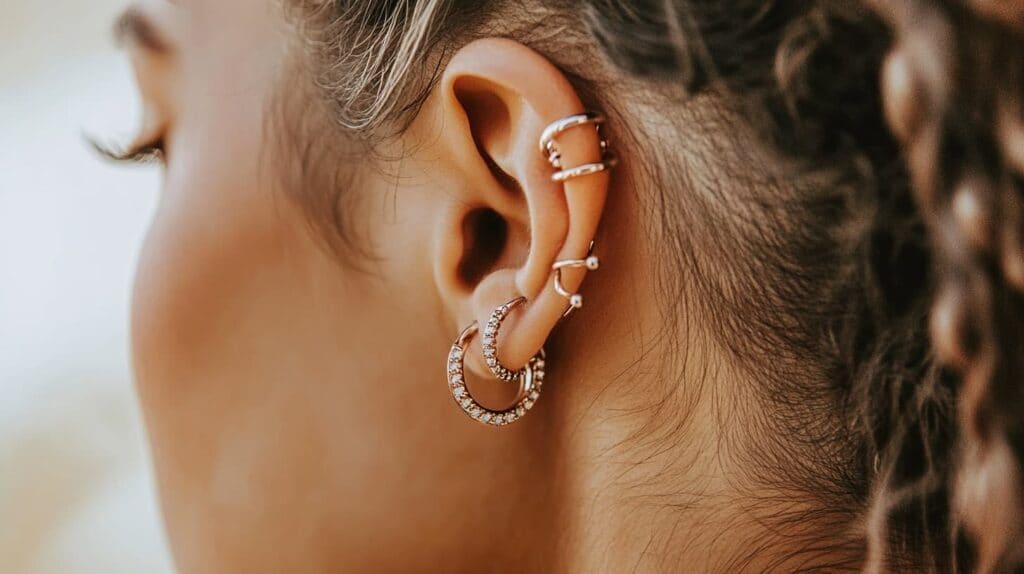 Side view of an ear featuring silver hoop earrings and multiple ear cuffs, showcasing a layered jewelry style.
