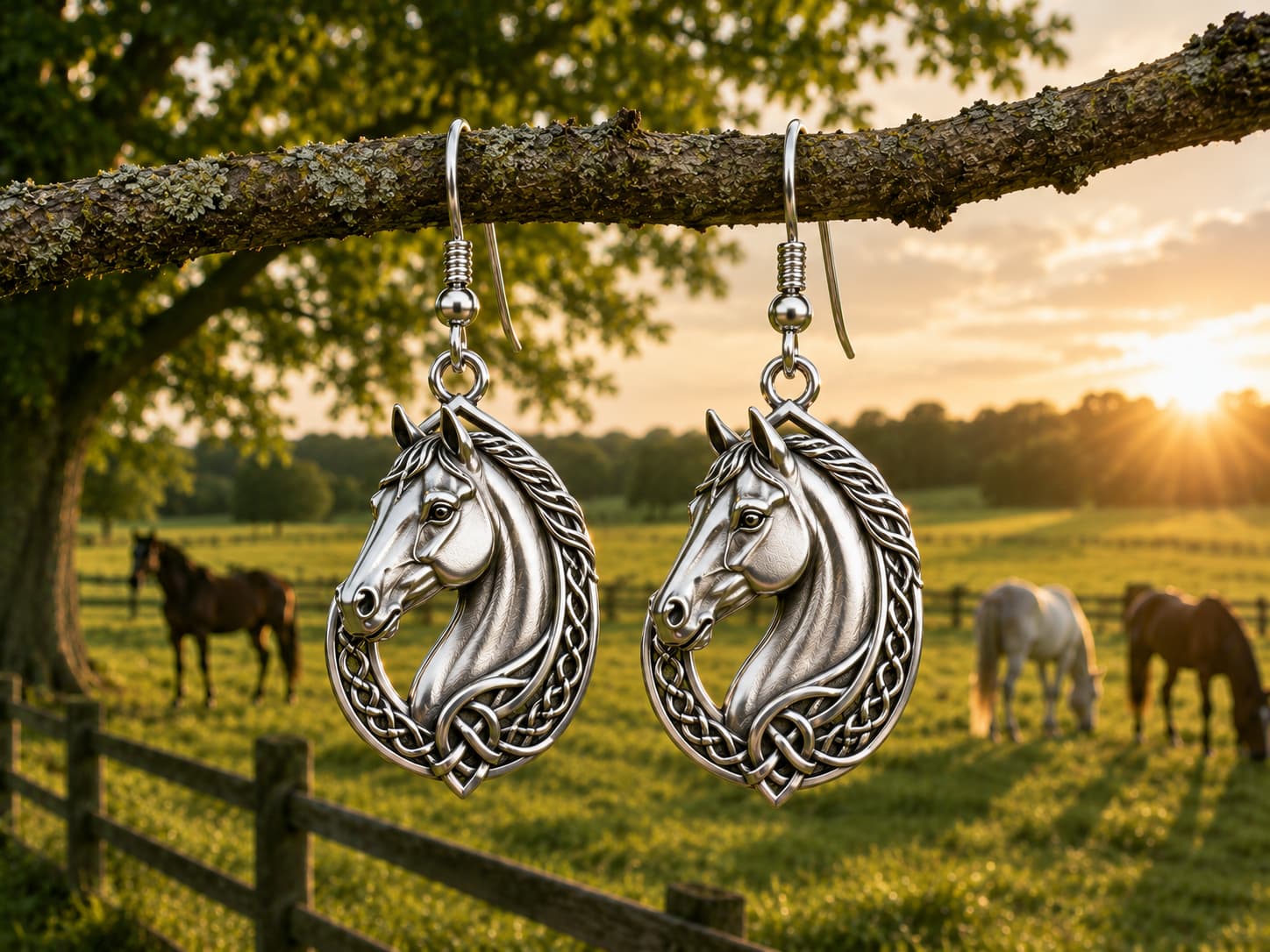 Silver horse head earrings with Celtic knot detail hanging from a tree branch