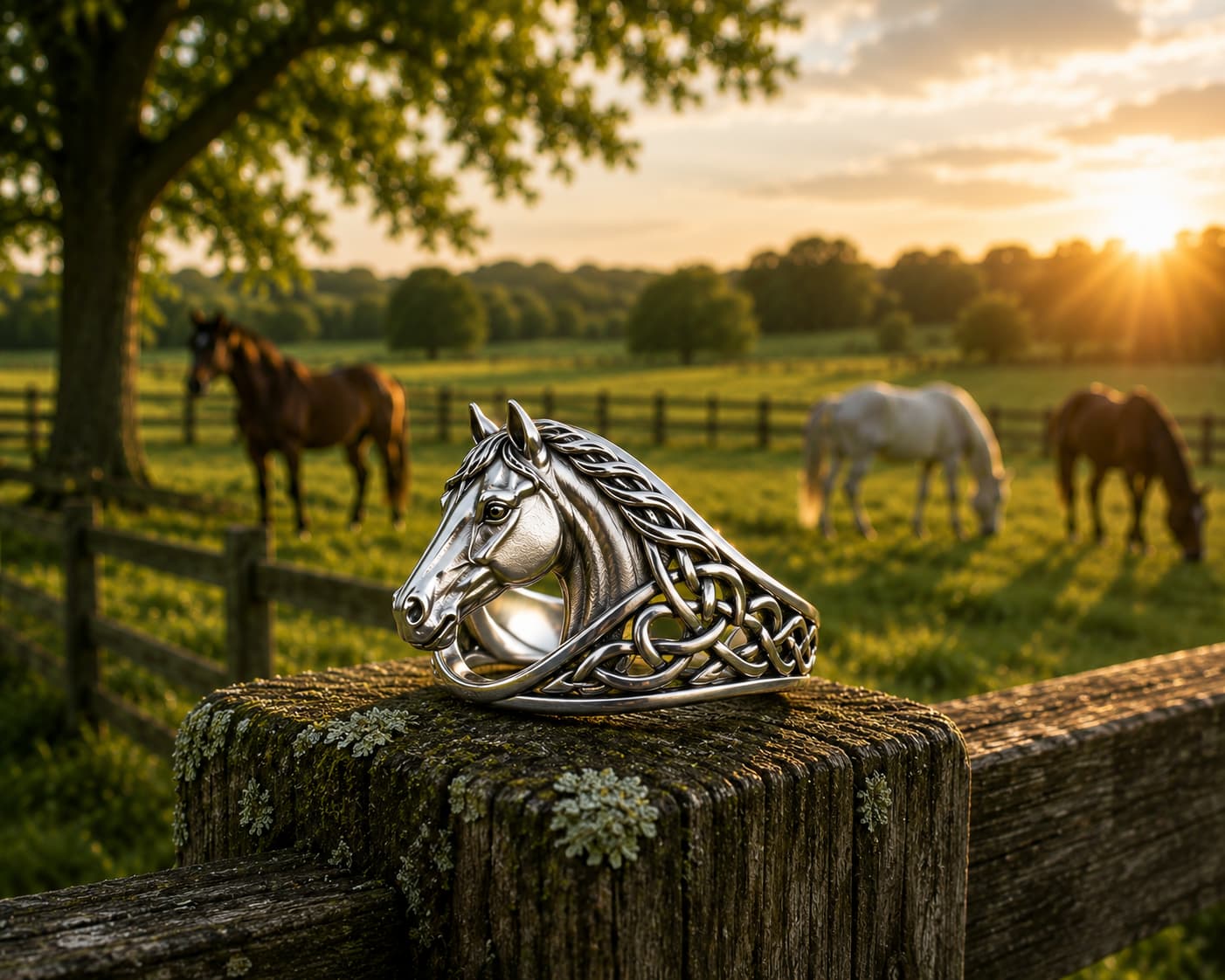Silver horse head ring with Celtic knot design resting on a wooden pasture fence