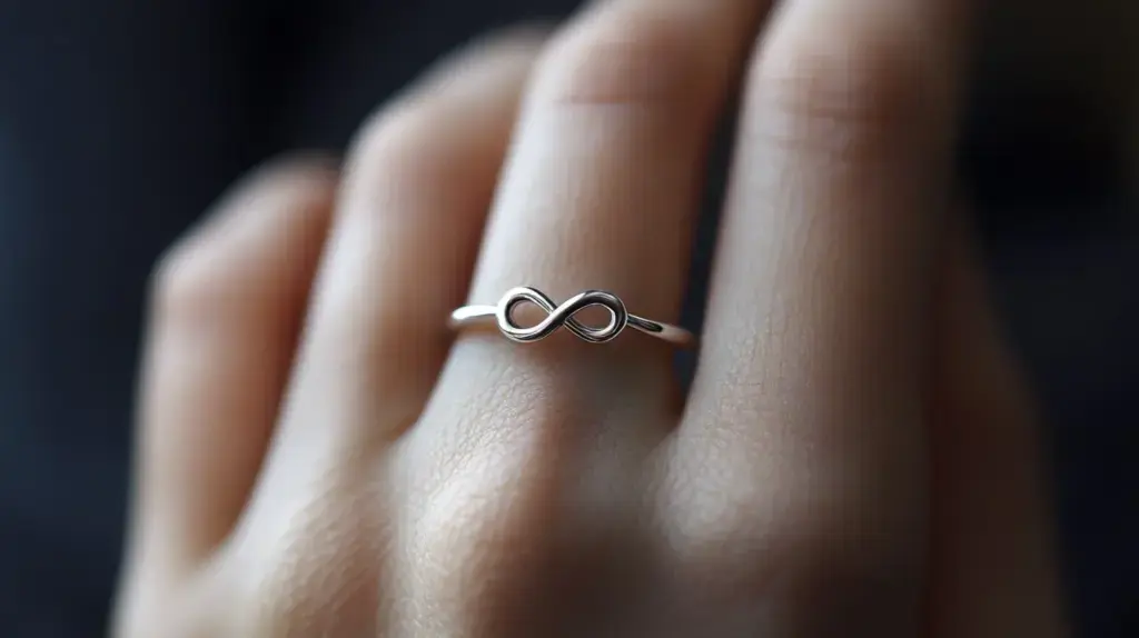 Minimalist silver infinity symbol ring on hand, symbolizing eternal love and commitment in sleek jewelry design.