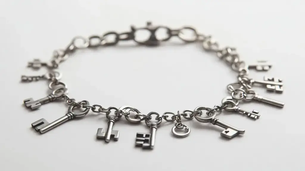 Silver key charm bracelet with multiple key designs symbolizing trust and protection.