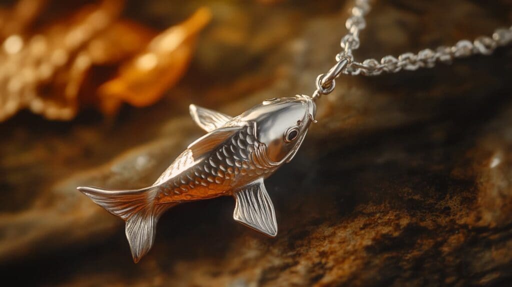 Silver koi fish pendant symbolizing perseverance and strength, reflecting traditional Asian symbolism in jewelry.