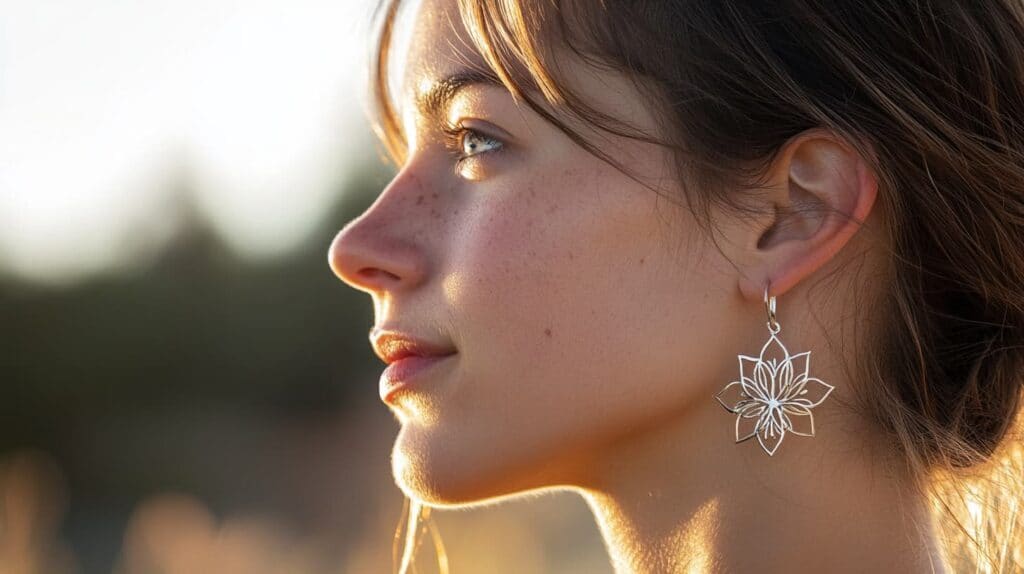 Close-up of a woman wearing silver lotus flower earrings, symbolizing spiritual growth and enlightenment.