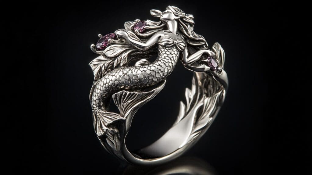 A beautifully crafted silver mermaid ring featuring a detailed mermaid figure intertwined with ocean-inspired elements and purple gemstones.