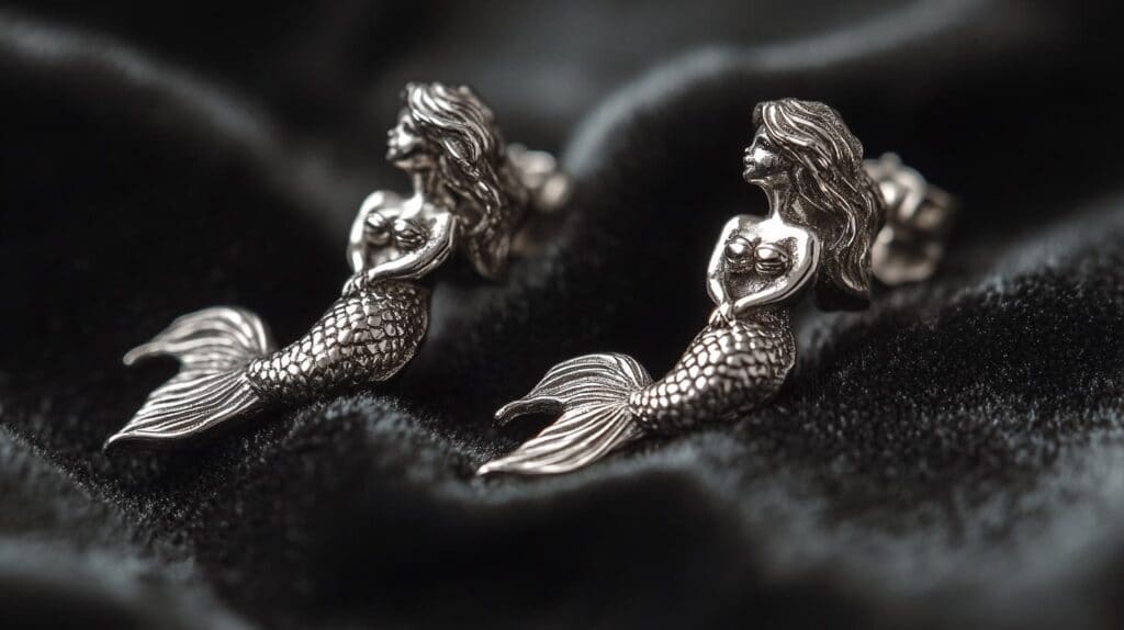 A pair of silver mermaid stud earrings with intricate detailing, displayed on black velvet for an elegant presentation.