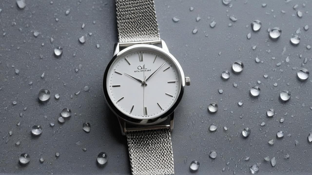 Steel mesh-bracelet watch with white dial surrounded by water droplets