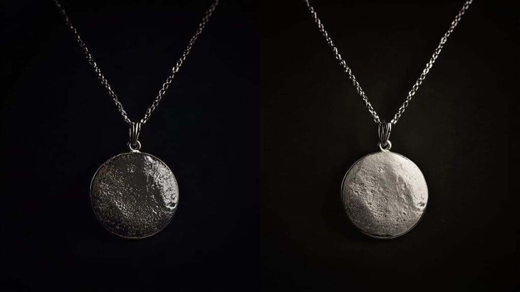 Side-by-side comparison of a silver necklace before and after cleaning, showing tarnish removal and restored shine.