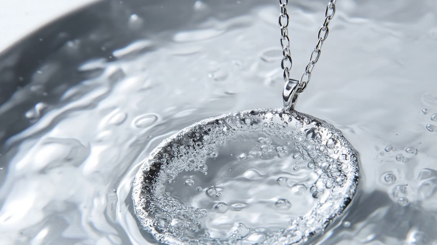 Silver circle pendant submerged in water covered in cleaning bubbles