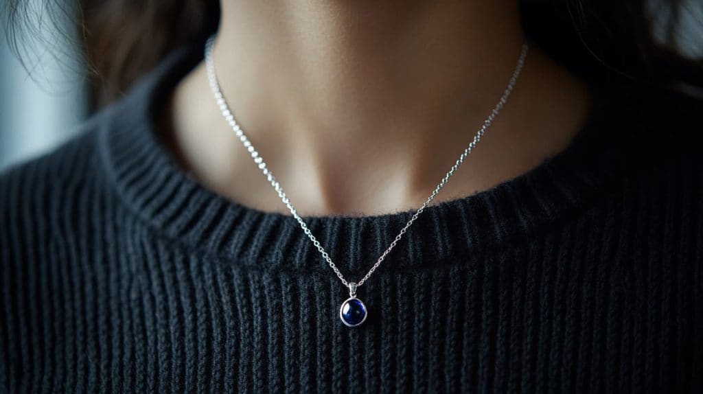 A woman wearing a delicate silver chain necklace with a small round blue gemstone pendant, styled with a black sweater.
