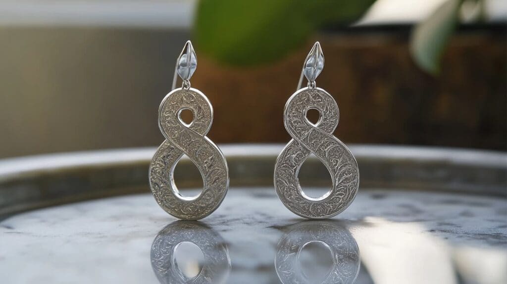 Silver numerology earrings shaped like the number 8, symbolizing power, ambition, and abundance.