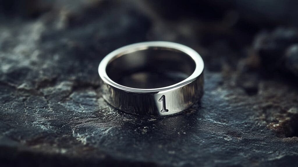 Silver numerology ring engraved with the number 1, representing leadership and independence.