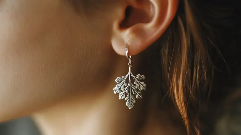 Silver oak leaf earrings symbolizing strength and resilience, perfect for nature lovers and those facing challenges.