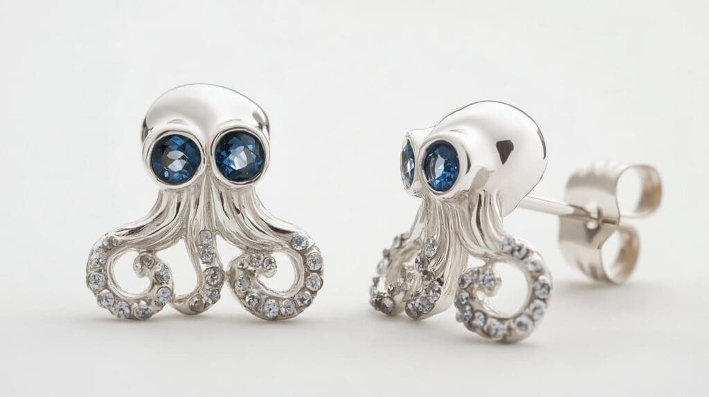 Pair of silver octopus stud earrings featuring intricate tentacle details and blue gemstone eyes, blending marine symbolism with modern elegance.