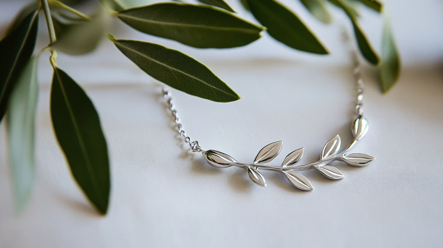 Silver olive branch necklace laid on white cloth beside real olive leaves