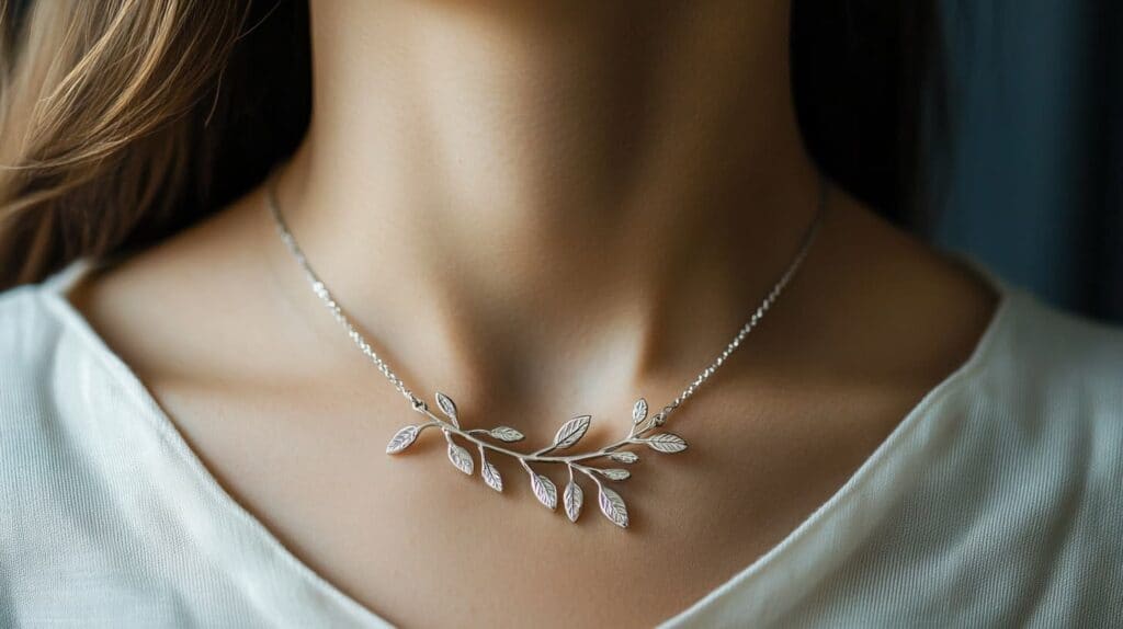 Silver olive branch necklace worn around the neck, symbolizing peace and personal harmony.