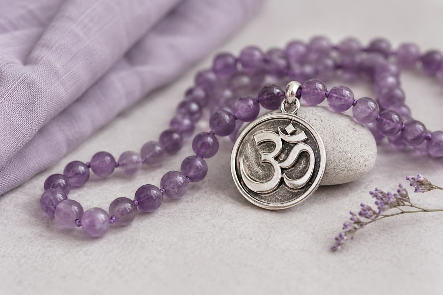 Silver Om pendant with amethyst bead necklace