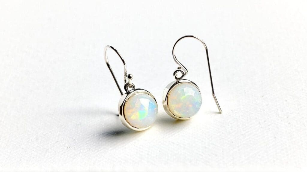 Opal dangle earrings with silver hooks featuring multi-color play of color