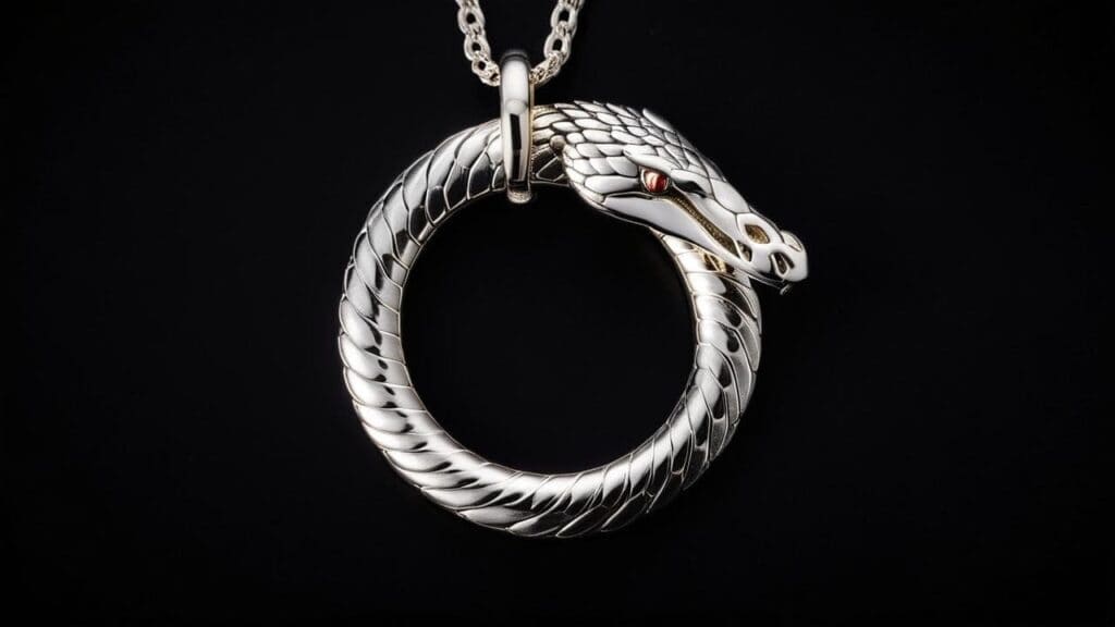 A silver Ouroboros pendant necklace with a coiled serpent biting its own tail, featuring red gemstone eyes and a polished finish, representing eternal cycles and transformation.