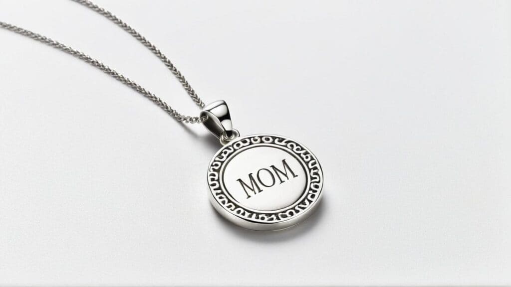 Silver pendant with 'MOM' engraving hanging from chain on white background