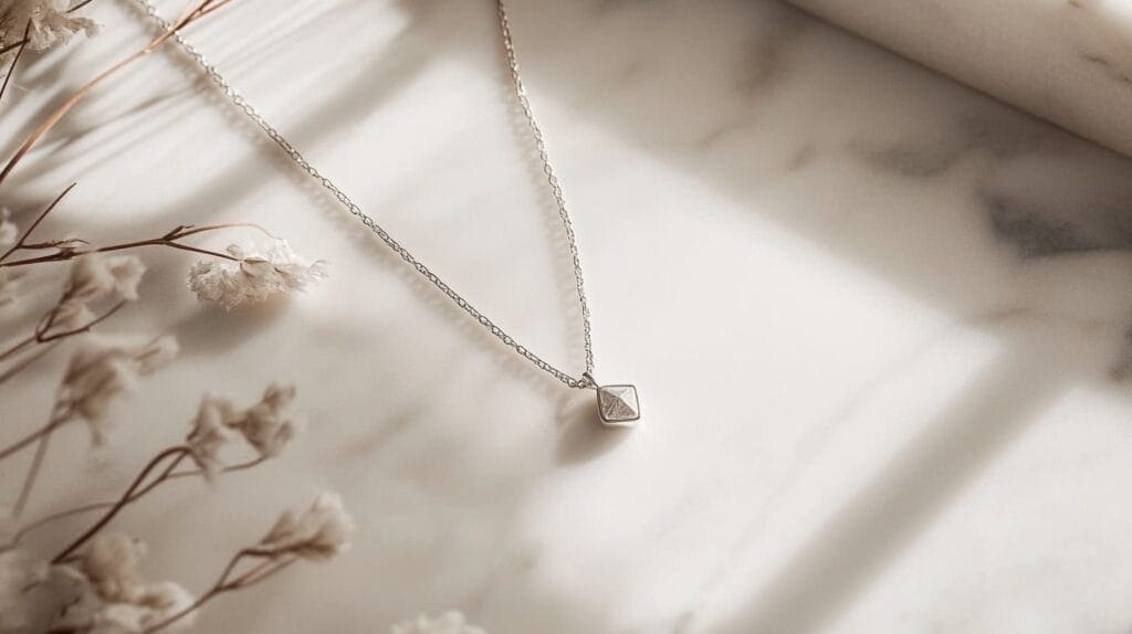 Minimalist silver pendant necklace displayed on a marble background, suitable for a subtle, professional style.