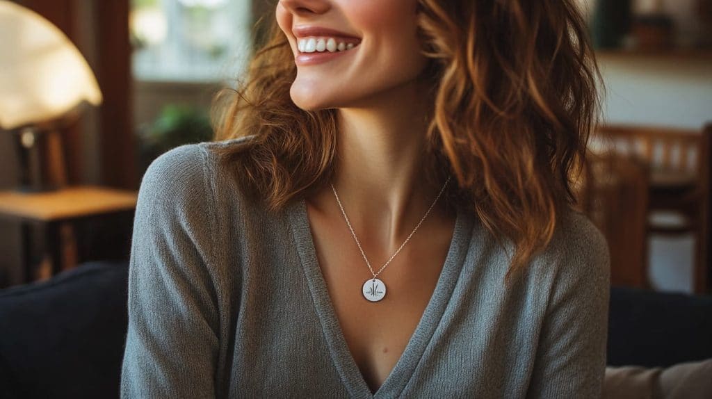 Woman wearing a delicate silver pendant necklace, smiling warmly, highlighting a simple and thoughtful jewelry gift.