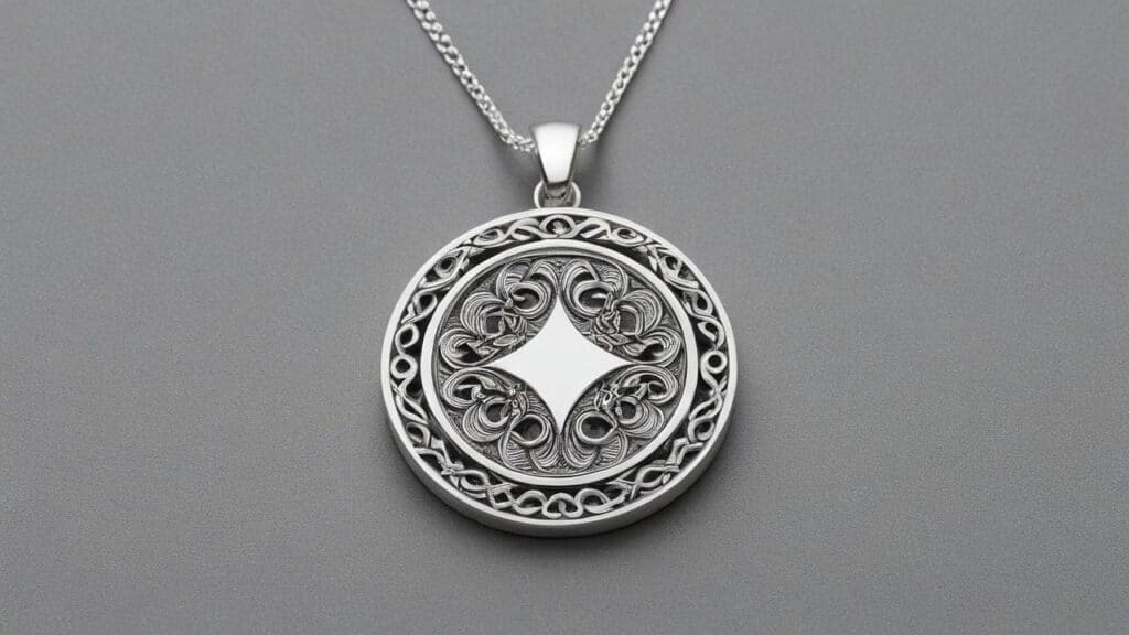 Silver pendant necklace with 3D engraved Celtic pattern showing multiple depth levels on gray background