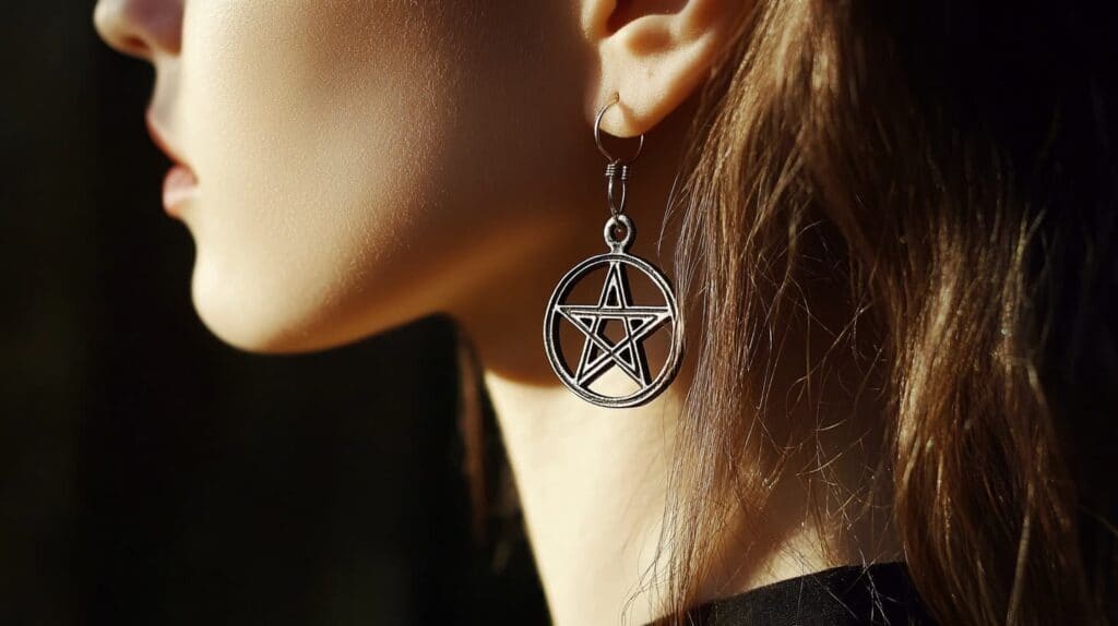 Close-up of a silver pentagram earring worn by a woman, highlighting its elegant design and significance as a symbol of protection and balance.
