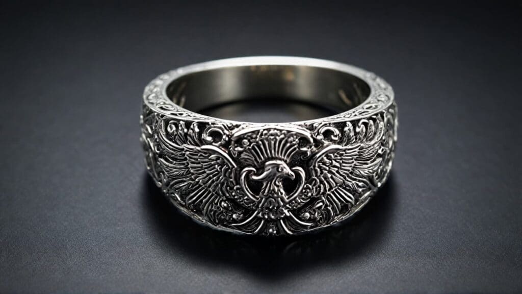 A detailed silver divorce ring featuring an engraved phoenix design, symbolizing rebirth, strength, and new beginnings after divorce.