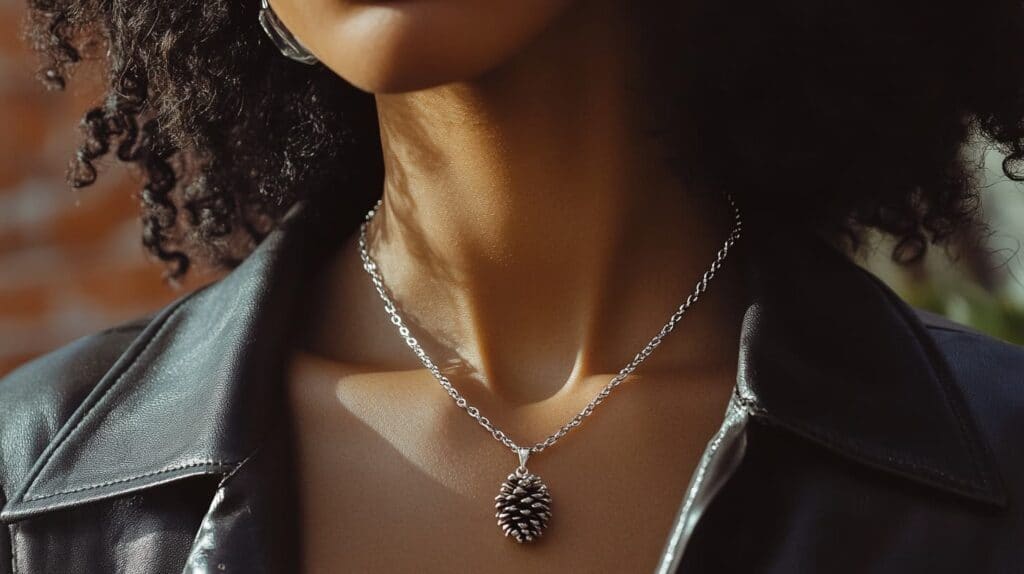 Silver pinecone necklace worn by a woman in a black leather jacket, blending nature symbolism with contemporary jewelry style.