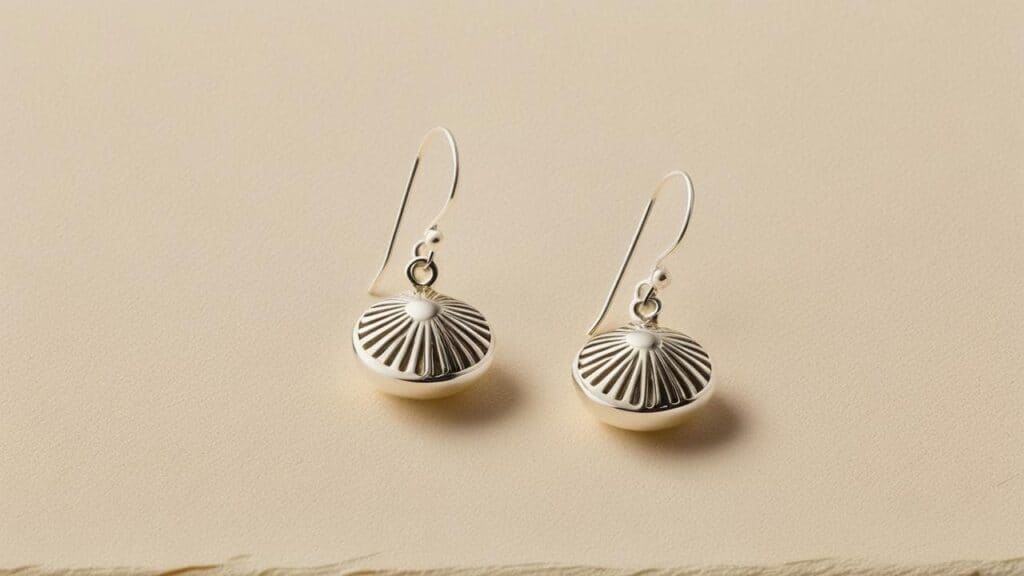 Silver-plated drop earrings featuring a raised sunburst texture and hook closures