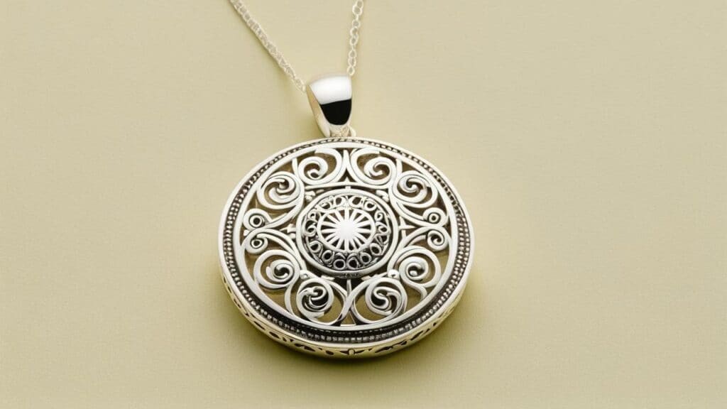 Ornate silver-plated pendant necklace with circular filigree detailing