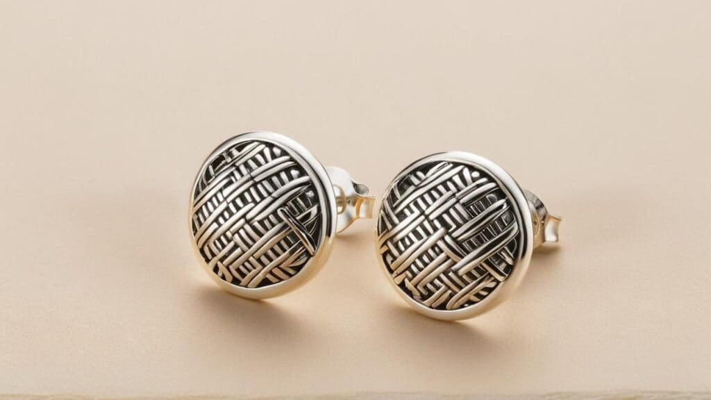 Round silver-plated stud earrings with an intricate woven metal design