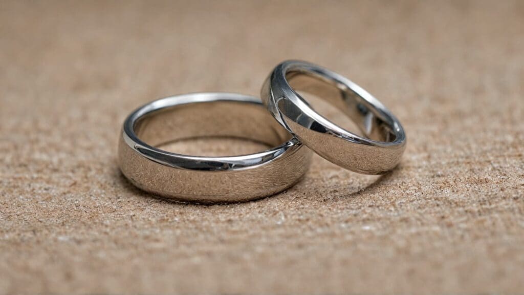 A matching set of silver promise rings placed on a textured surface, symbolizing unity and commitment in a relationship.