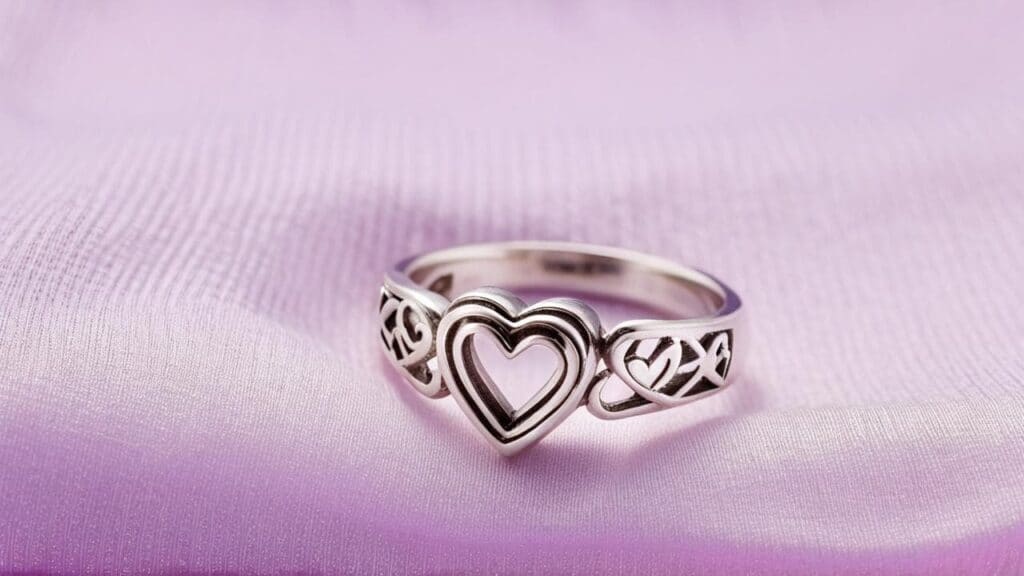Sterling silver purity ring with double heart design and elegant scrollwork, symbolizing love, purity, and personal commitment