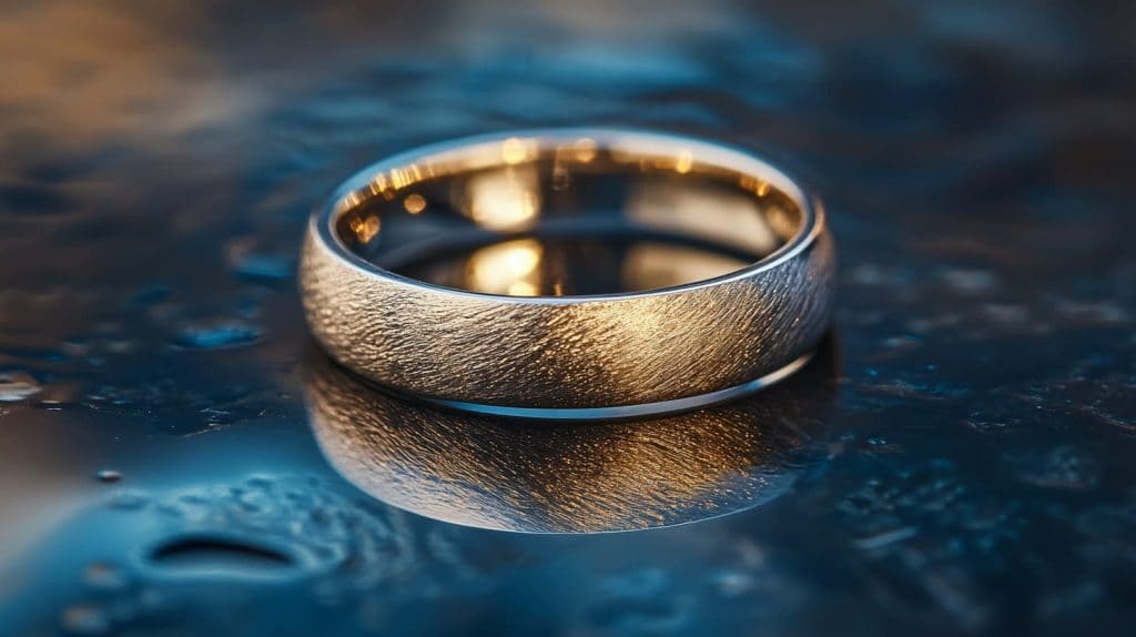 Close-up of a silver ring with a brushed texture, reflecting on a dark metallic surface, showcasing its elegant luster and craftsmanship.