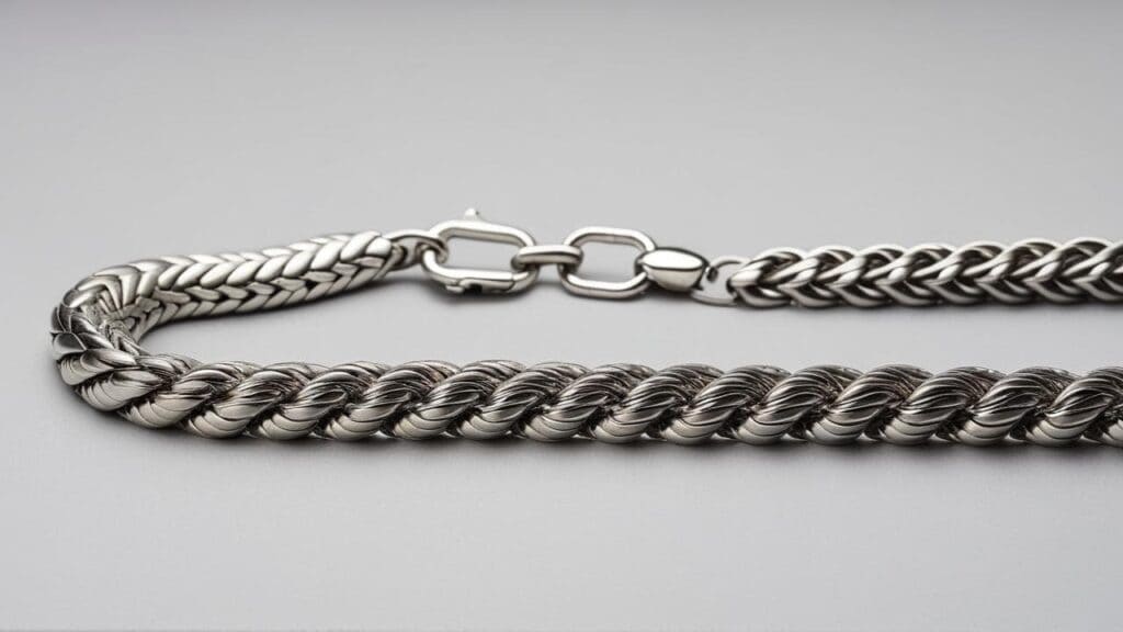 Silver rope chain necklace showing twisted multi-strand construction with clasp detail