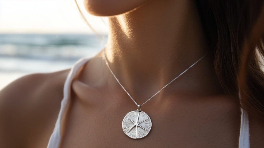 A silver sand dollar pendant necklace worn by a woman at the beach, highlighting its intricate star-shaped design against a sunset backdrop.
