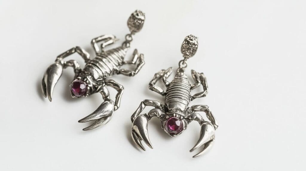 Intricate silver scorpion earrings with red gemstone eyes, featuring realistic claw and tail details, displayed on a white background.