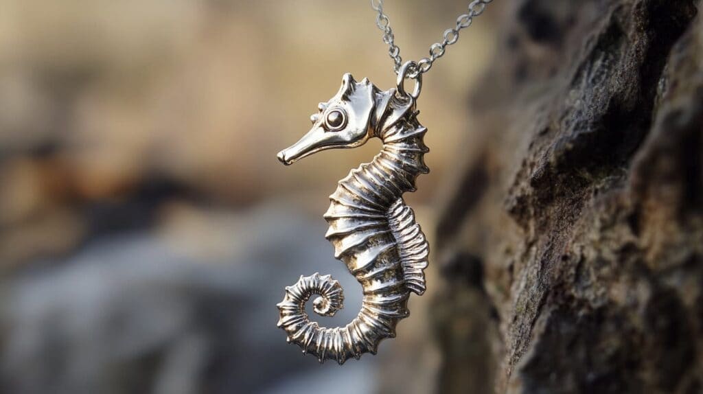 Closeup of a silver seahorse necklace with intricate details, hanging against a backdrop of natural rocks.