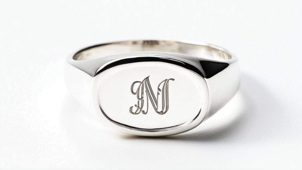 A sleek silver signet ring with a monogrammed "N" engraving, offering a modern take on personalized jewelry.