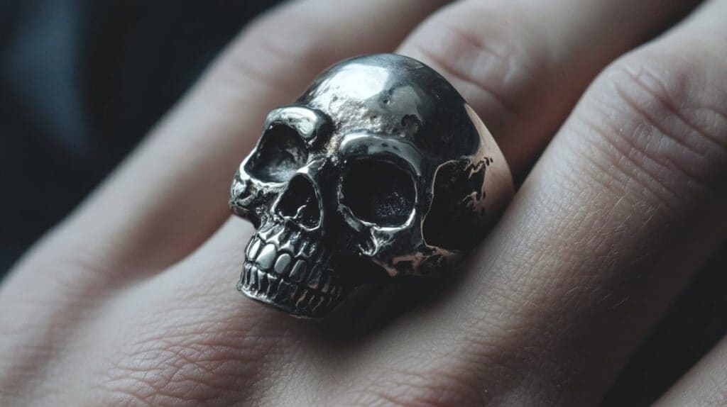 A silver skull ring worn on a hand, representing a bold statement piece and the edgy appeal of skull-themed jewelry.