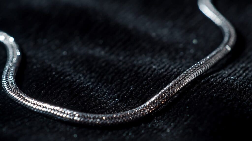 Close-up of a silver snake chain on a black textured surface, highlighting its smooth and durable design for lightweight pendants.