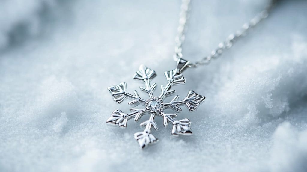 A delicate silver snowflake pendant necklace with intricate detailing, beautifully placed on a snowy surface for a winter-inspired aesthetic.