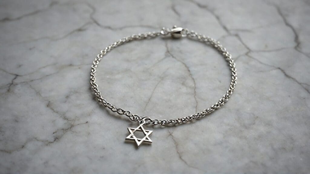A silver Star of David bracelet with a delicate chain, displayed on a marble surface, symbolizing Jewish heritage and faith.