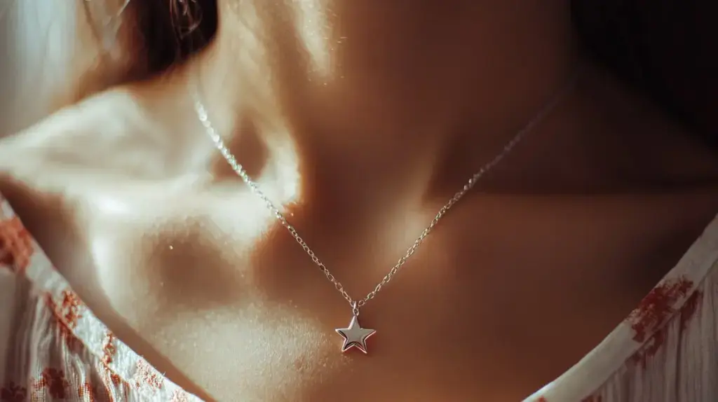 Woman wearing a dainty silver star pendant necklace, ideal for adding a subtle, symbolic touch to any outfit.