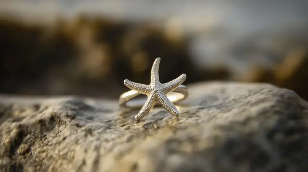 Close-up of a silver starfish ring on a rock symbolizing renewal and ocean connection
